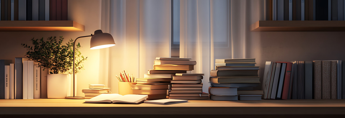 A cozy study nook with books and journals stacked on a wooden desk soft lamplight illuminating the space