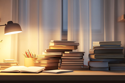 A cozy study nook with books and journals stacked on a wooden desk soft lamplight illuminating the space