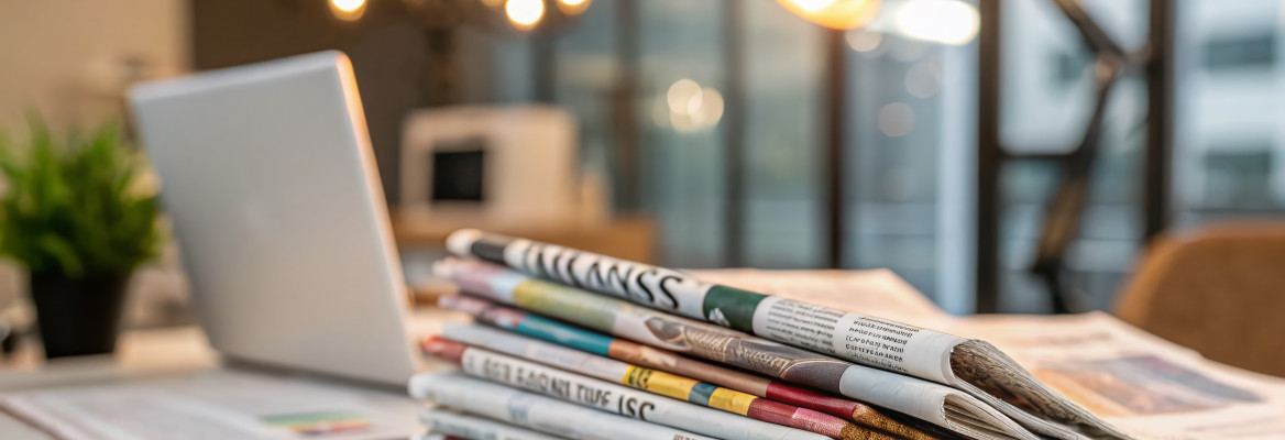 Pile of Newspapers on Office Table Showcasing Latest Financial and Business News with Bokeh Effect