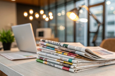 Pile of Newspapers on Office Table Showcasing Latest Financial and Business News with Bokeh Effect